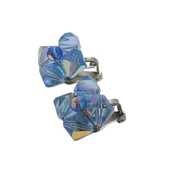 Blue Faceted Aurora Beads Earrings Clip-On Closure Silver Tone Vintage - Picture 2 of 4